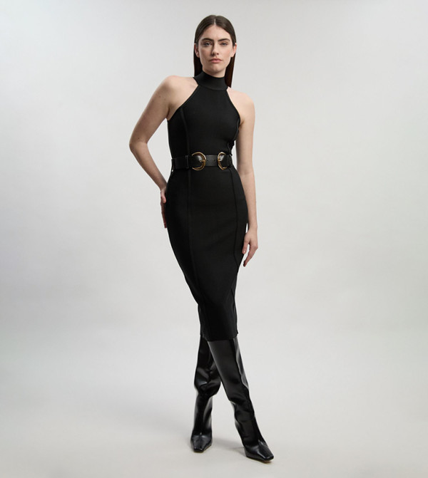 Bandage High Neck Buckle Trim Midi Dress