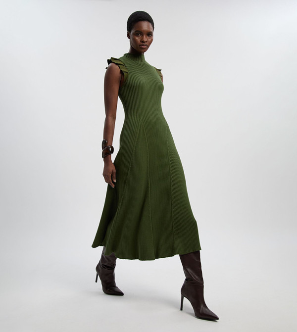 Pointelle Frill Sleeves Knit Midi Dress