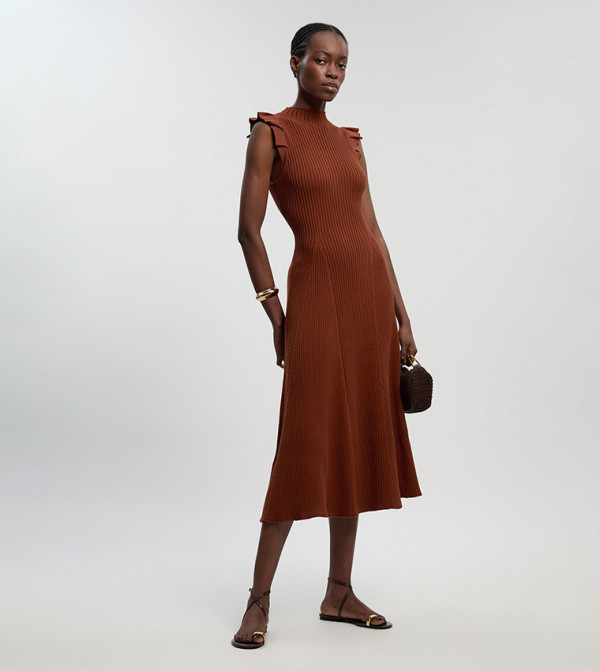 Pointelle Frill Sleeves Knit Midi Dress