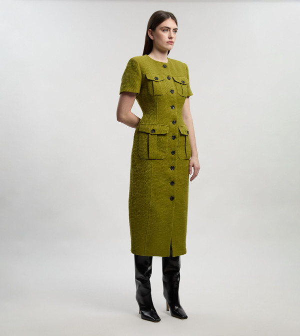 فستان ميدي تويد بجيب أمامي وكم قصير