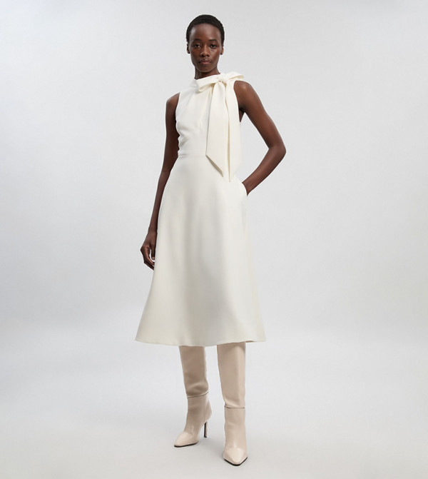 Compact Stretch Bow Tie Neck Flared Midi Dress