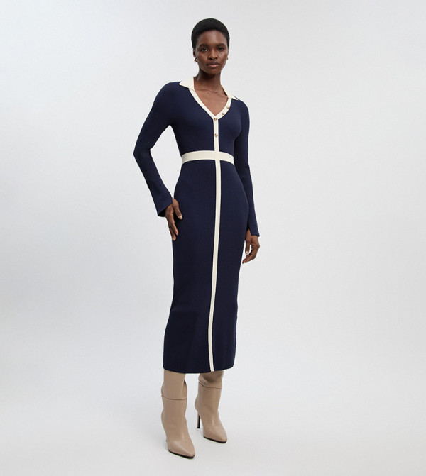 Ribbed Contrast Waist Detail Collared Midi Dress
