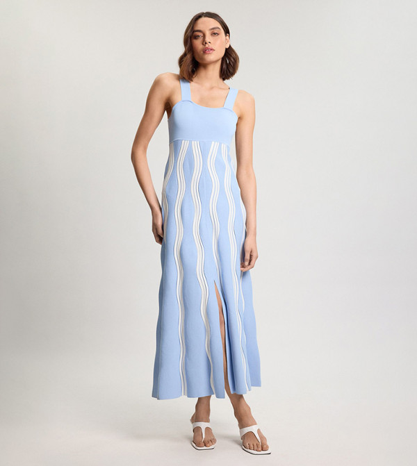 Petite Contrast Wave Knit A-Line Knitted Strappy Midi Dress