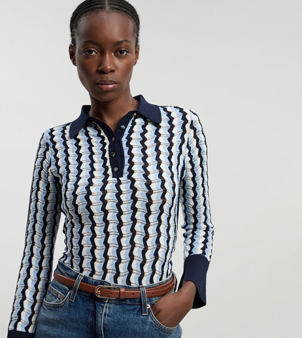 Knit Pointelle Contrast Collared Top