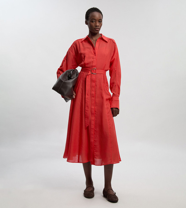 Color Block Fluid Tencel Woven Midi Shirt Dress