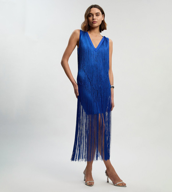 Fringe Bandage V-Neck Knit Midi Dress