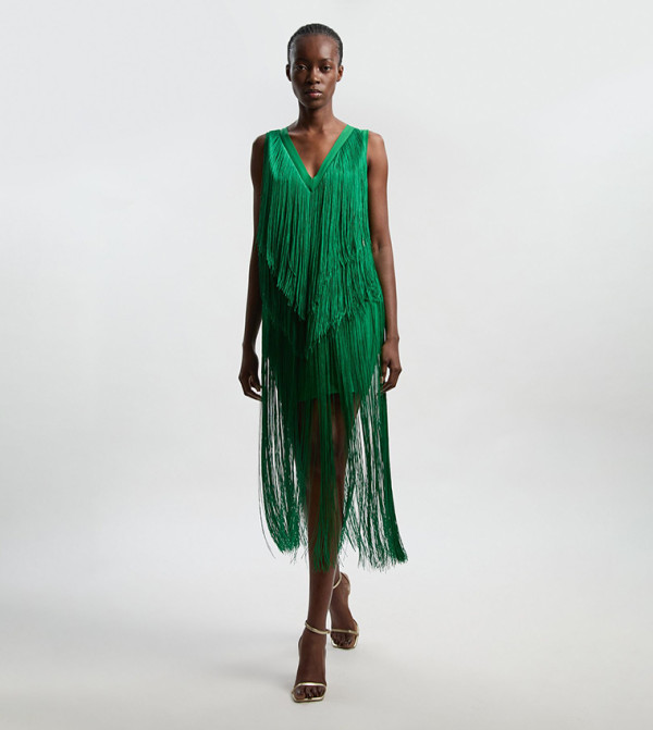 Fringe Bandage V-Neck Knit Midi Dress