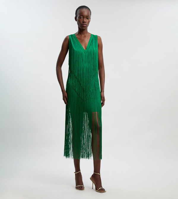 Petite Fringe Bandage V-Neck Knit Midi Dress
