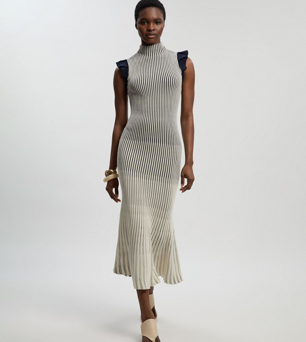 Pointelle Frill Sleeves Knit Midi Dress