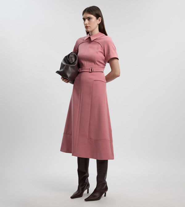 Petite Compact Stretch Tab Detail Flared Midi Dress