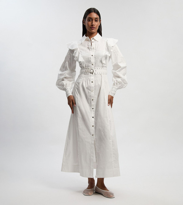 فستان قميص ماكسي منسوج كم بيشوب مزين للمقاسات الصغيرة