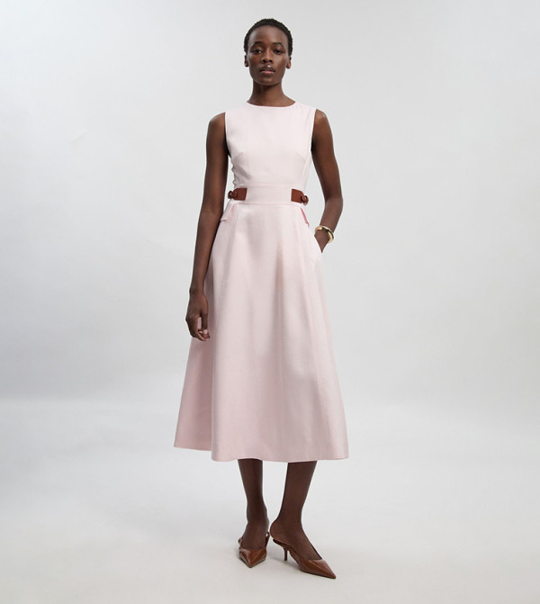Tailored Linen Tab Waist Detail Flared Midi Dress
