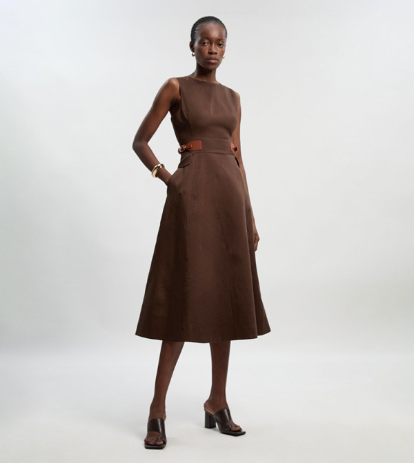 Tailored Linen Tab Waist Detail Flared Midi Dress