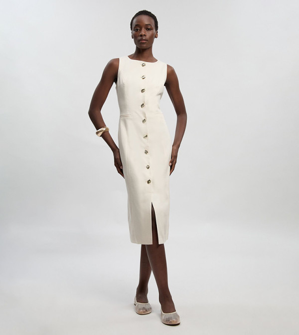 Tailored Linen Statement Button Front Pencil Midi Dress
