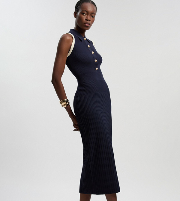 Ribbed Knit Military Color Block Sleeveless Midi Dress