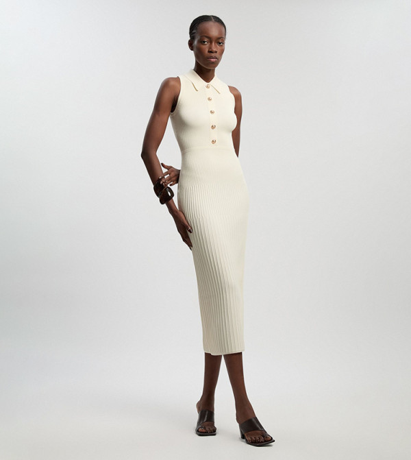 Ribbed Knit Military Sleeveless Midi Dress