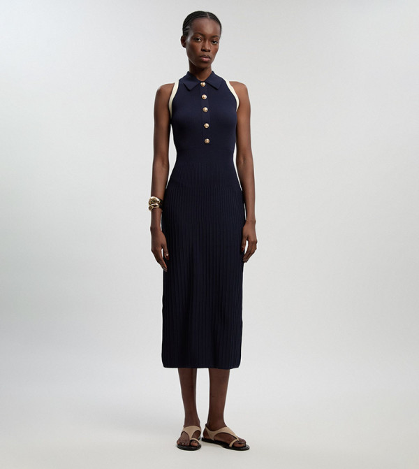 Petite Ribbed Knit Military Sleeveless Midi Dress