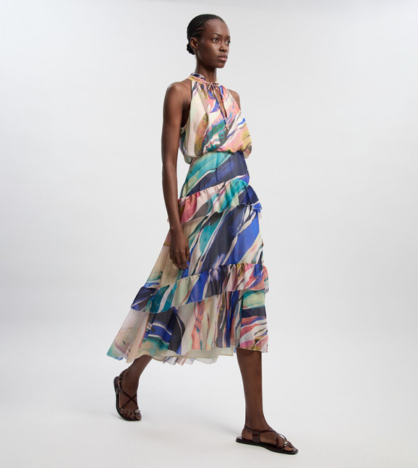 فستان ميدي شيفون مجعد بطبعة وقبة هالتر