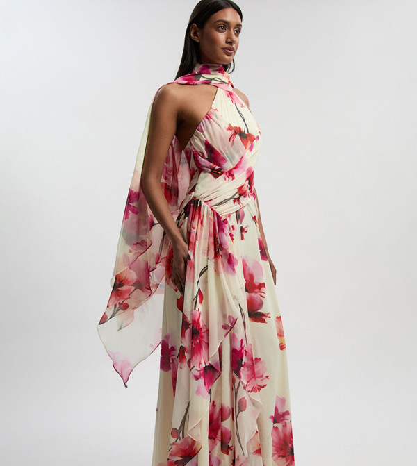 فستان ماكسي جورجيت مكرمش بمقدمة لف بطبعة ورد