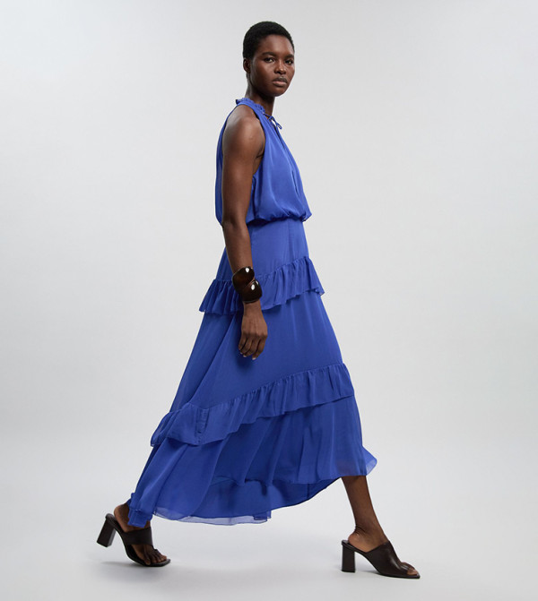 فستان ماكسي منسوج شيفون مجعد بقبة هالتر