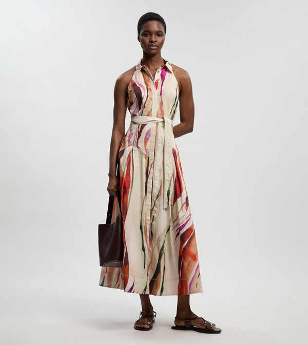 Petite Marble Print Collared Halterneck Midi Shirt Dress