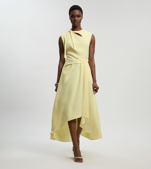 Petite Polished Tailored Drape Neck Flared Dress