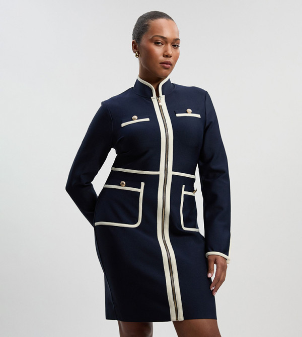 Petite Figure Form Bandage Knit Piping Detail Mini Dress