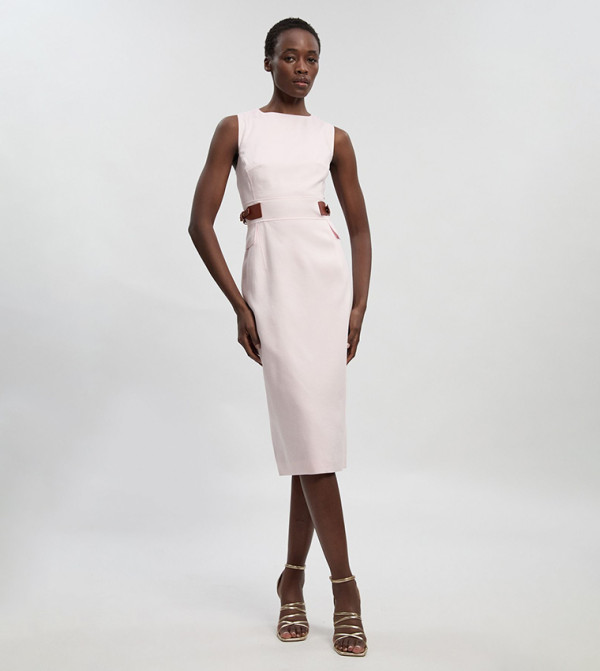 Petite Tailored Linen Tab Waist Pencil Midi Dress