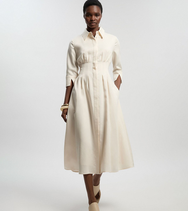 Petite Tailored Linen Darted Waist Midi Dress