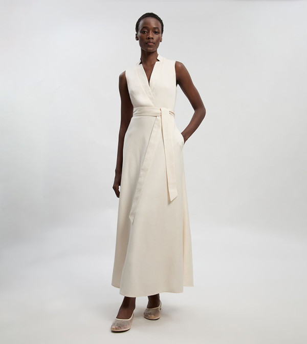 Petite Tailored Linen Wrap Tie Waist Maxi Dress