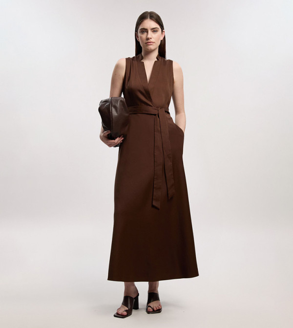 Tailored Linen Wrap Tie Waisted Midaxi Dress