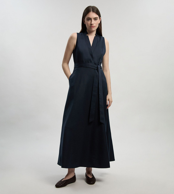 Tailored Linen Wrap Tie Waisted Maxi Dress