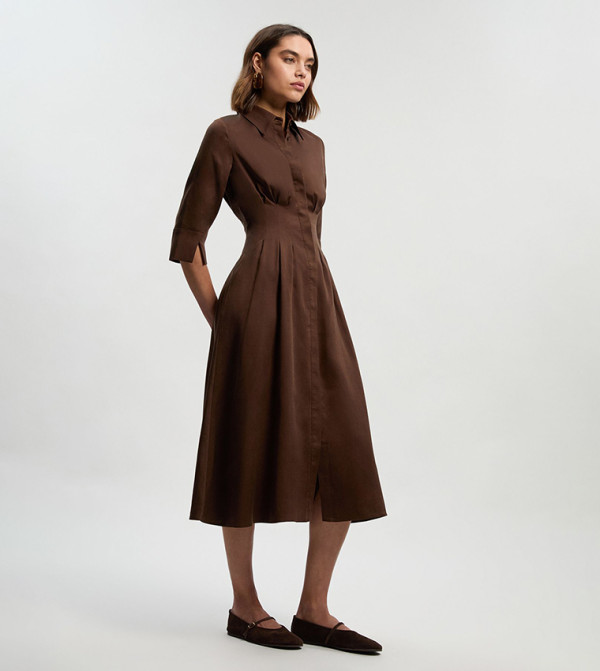 Tailored Linen Darted Waist Midi Dress