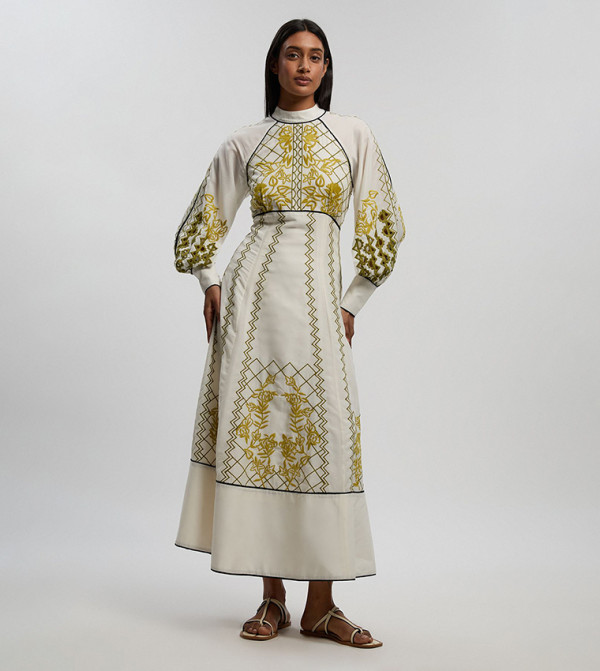 Petite Voile Embroidered Balloon Sleeves Woven Maxi Dress