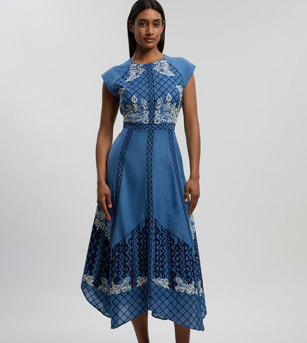 Voile Embroidered Cutwork Sleeveless Woven Midi Dress