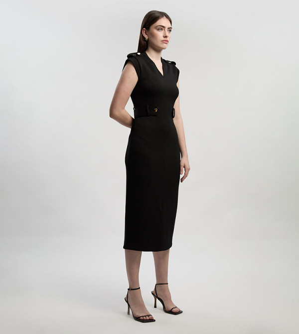Petite Ponte V-Neck Tab Detail Midi Dress
