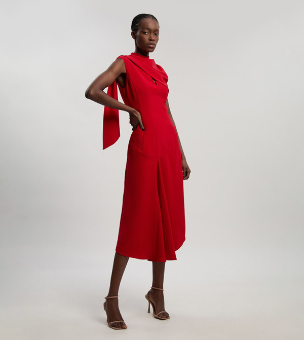 Tailored Crepe Cape Asymmetric Cape Neck Detail Midi Dress