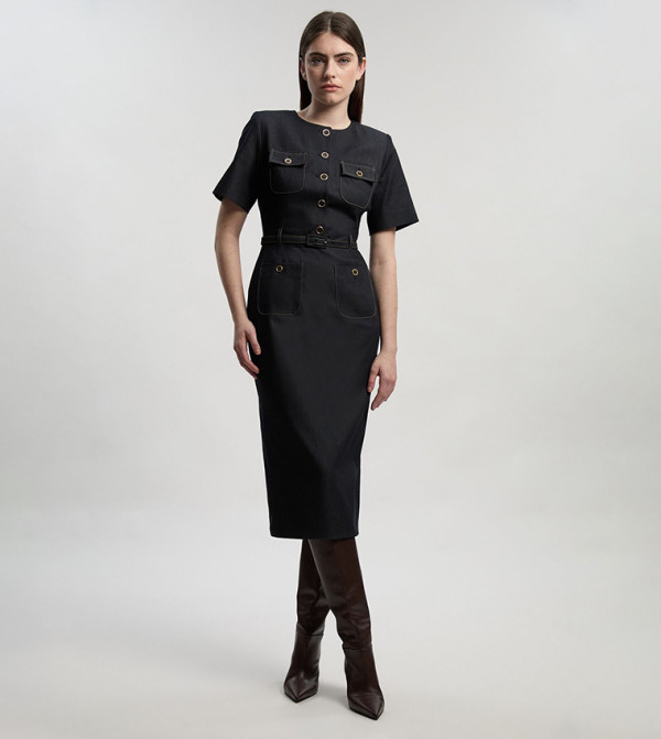 Tailored Denim Belted Midi Dress