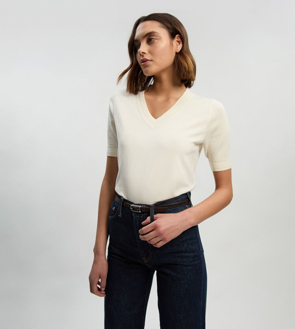 Viscose Blend V-Neck Knitted Short Sleeves Top