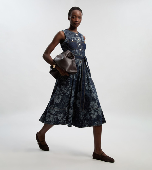 Petite Jacquard Denim Flared Midi Dress