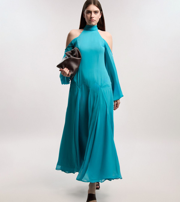Crinkle Georgette High Neck Cold Shoulder Woven Maxi Dress