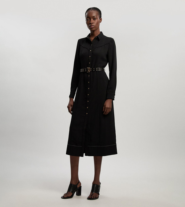 Twill Contrast Woven Midi Shirt Dress
