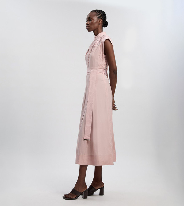 Pleated Tie Waist Woven Midi Dress