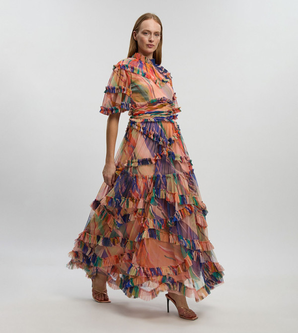 فستان ماكسي تول بكشكش وطبعة 