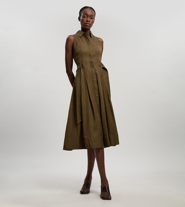 Premium Viscose Linen Stitch Halterneck Woven Midi Dress