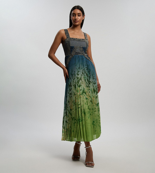 Embellished Ombre Floral Pleated Woven Midaxi Dress