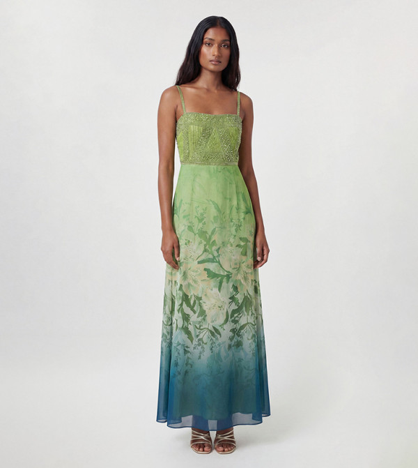 Petite Embellished Ombre Floral Pleated Woven Bandeau Maxi Dress