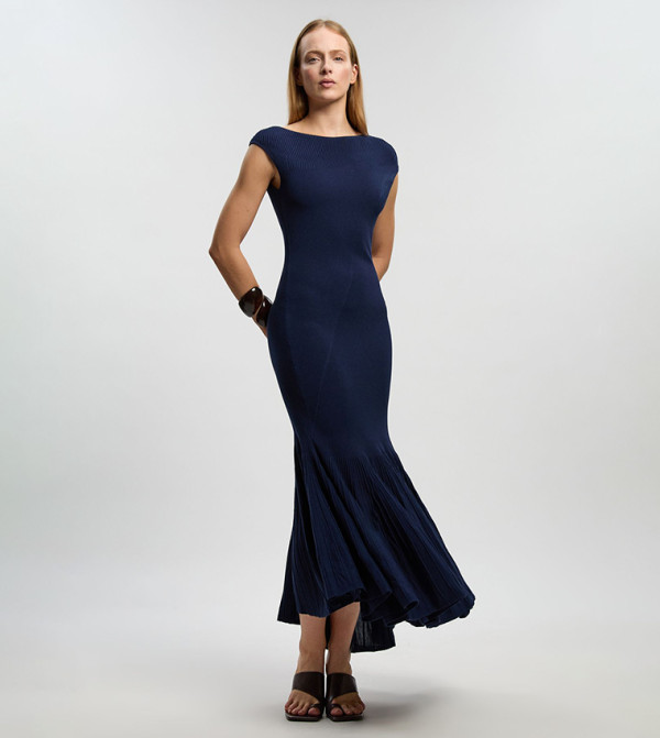 Sheer Detail Pleated Midi Dress