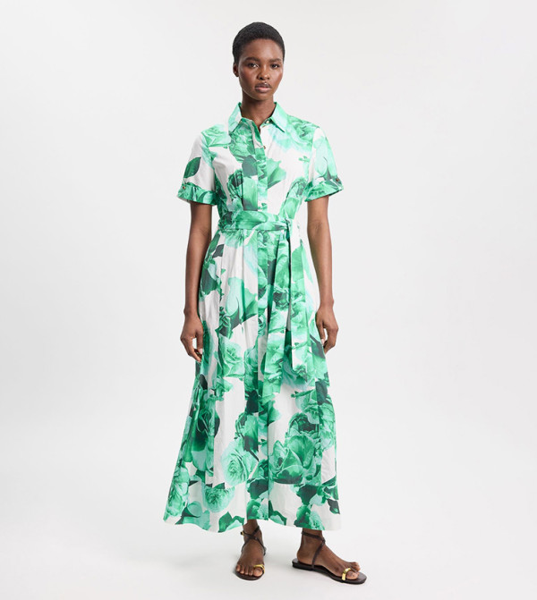 Rose Print Sateen Floral Woven Belted Maxi Shirt Dress
