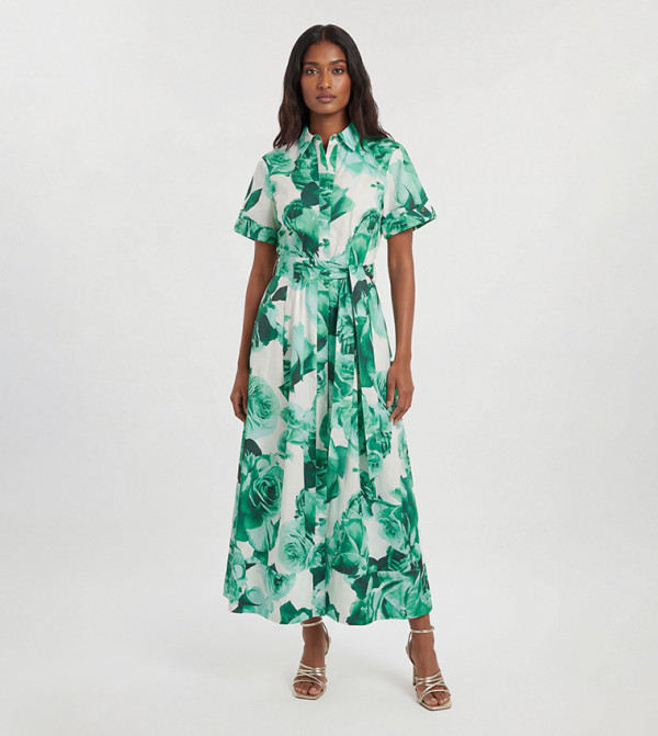 Petite Rose Print Sateen Woven Belted Maxi Shirt Dress